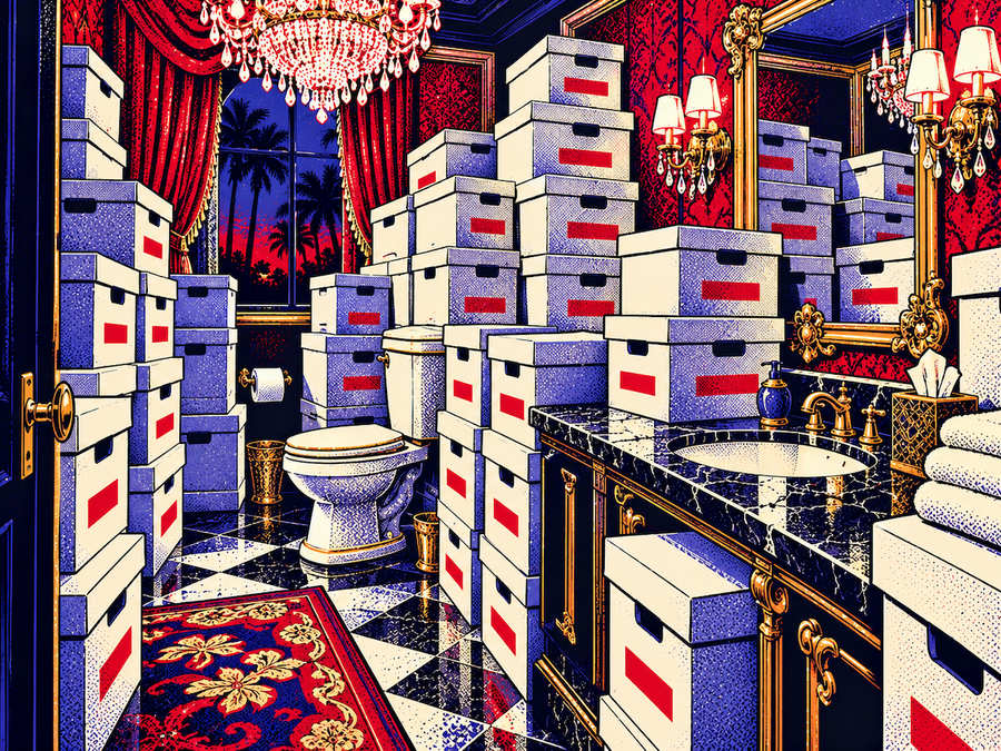 Indicted; classified boxes pictured in a bathroom