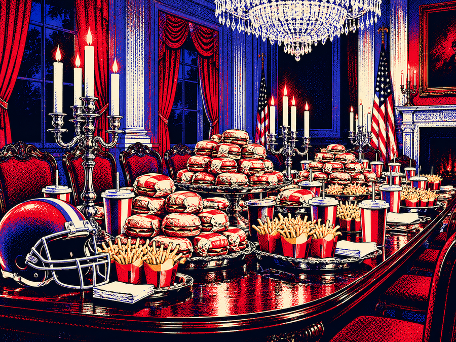 Serves champions a fast-food buffet, tweets “hamberders”