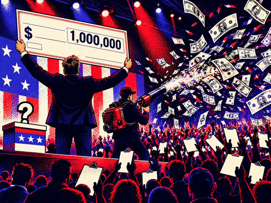 Hands out $1 million a day to registered voters